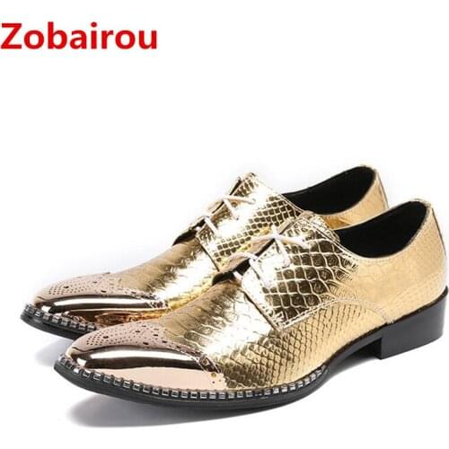 Zobairou mens dress shoes luxury gold oxford shoes for men genuine leather flats square toe lace up formal shoes men loafers