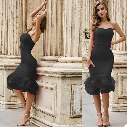 Cheaper Simple Mermaid Prom Dress Sexy Strapless Red Carpet Fashion Dresses African Tiered Ruffles Evening Pageant Gowns