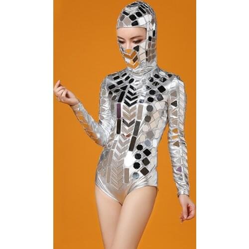 Night bar night concert singer DJ DS silver leather hand sewn a sense of space elastic lens costumes