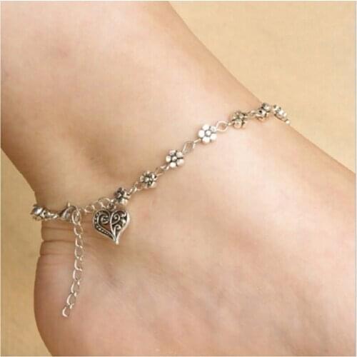 New Fashion Foot Chain Tibetan Silver Hollow Plum Flowers Heart-Shaped Anklet
