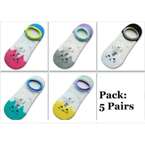 ASHIOFU Wholesale Hot Sale Ladies Fashion No-show Socks Glass-silk Lovely Cotton Caty Girls Socks 5-packs