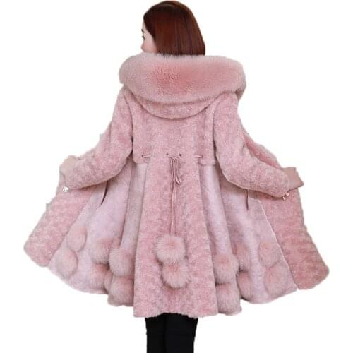 Autumn Jacket Winter Women Clothes Korean Real Fur Coat Vintage Fox Fur Hooded Pink Wool Coats Sheep Shearling Fur ZT1521