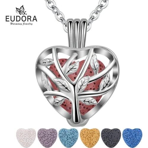 Eudora 14mm Lava Necklace Pendant Heart Volcanic Stone Tree of life Cage Pendant Necklace Women Perfume Lava Ball Choker Jewelry