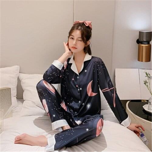 Daeyard Faux Silk Satin Pajamas Set 2 Piece Women Spring Overall Printing Long Sleeve Sleepwear Pajamas Suit Casual Home wear