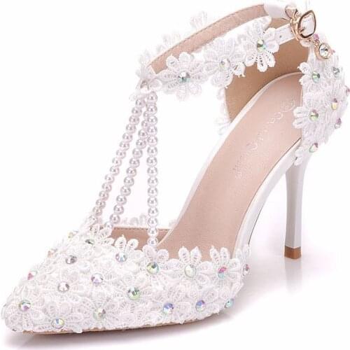 Women sandals wedding Party banquet Lace PU Rhinestones Buckle Strap 7.5CM 9CM Thin High Heels Pointed Toe sandal women shoes