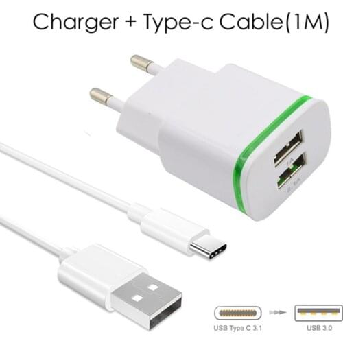 LED Light EU 2-Port USB Charger Fast Charging USB C Cable for Huawei P20 / P30 Pro / P40 Lite P 40 Nova 5t 5 t Honor 10 9 20 pro