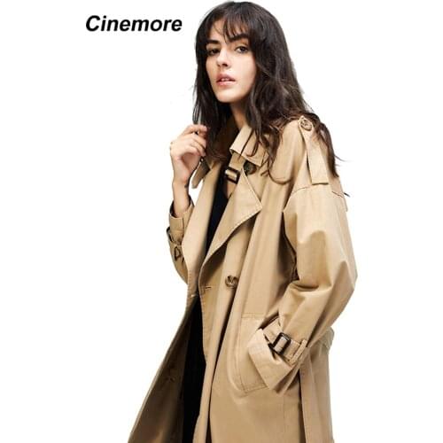 Cinemore 2021 Autumn New Womens Casual Trench Coat Oversize Double Breasted Vintage Washed Outwear Loose Clothing 870114