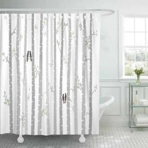 Woodland Birch Aspen Trees Autumn Leaves and Love Birds Bathroom Curtains Waterproof Polyester Fabric 60 x 72 inches Set
