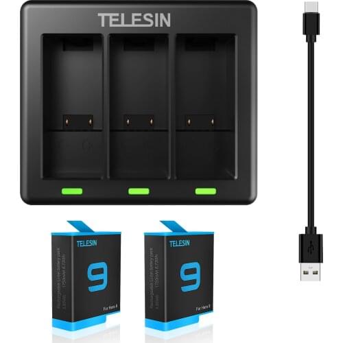 TELESIN 2 Batteries for GoPro 9 Battery Charger 3 Way Battery Charging LED Battery Charger for GoPro Hero 9 Black Camera