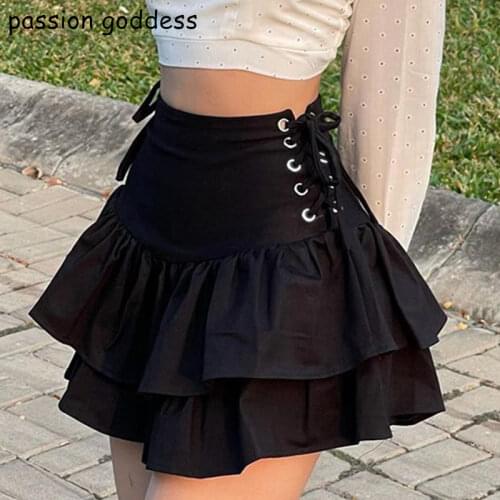 2021 Summer New Plus Size Women Black Ruffles Mini A-line Skirts Low Waist Lace Up Preppy Style Skirts Sexy Pleated Gothic Skirt