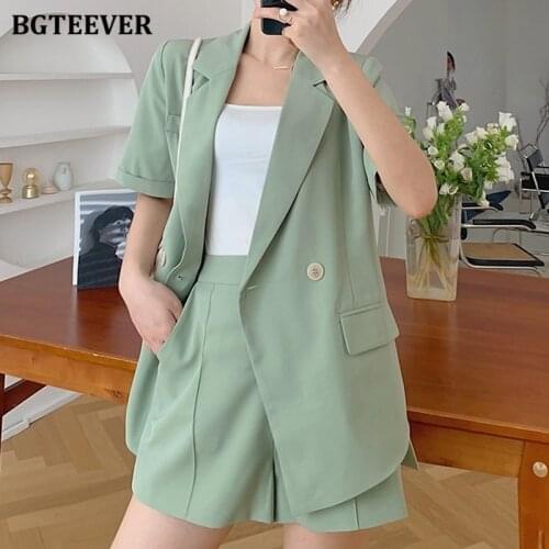 BGTEEVER Elegant Chic Loose Women 2 Pieces Blazer Set Short Sleeve Suit Jacket & High Waist Shorts Summer Ladies Short Suits