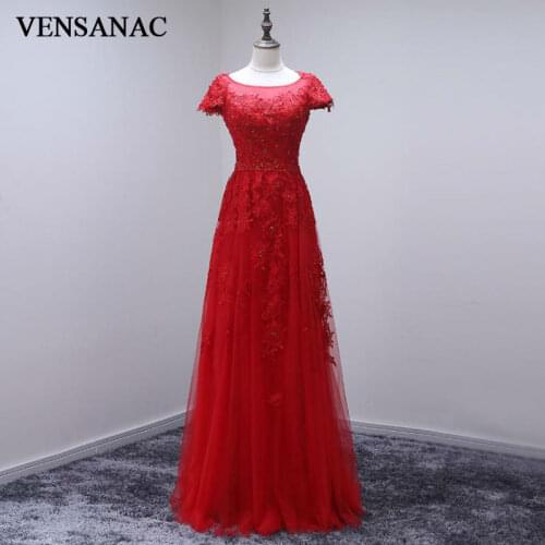 VENSANAC 2017 New A Line Lace Appliques O Neck Long Evening Dresses Embroidery Sequined Short Sleeve Sash Party Prom Gowns