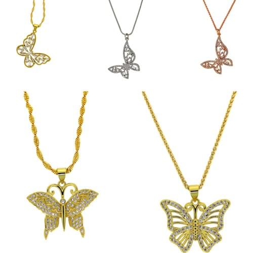 2021 Hot Sale New Arrive Zirconia Women Butterfly Necklace Charm Bling Rainbow CZ Rose Gold Pendant Jewelry For Wedding Gift