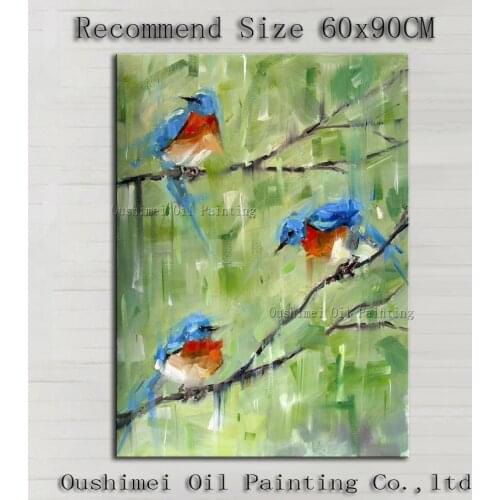 Free Shipping Good Quality Impression Blue Birds Oil Painting On Canvas Handmade Beautiful Knife Painting Bird Oil Painting