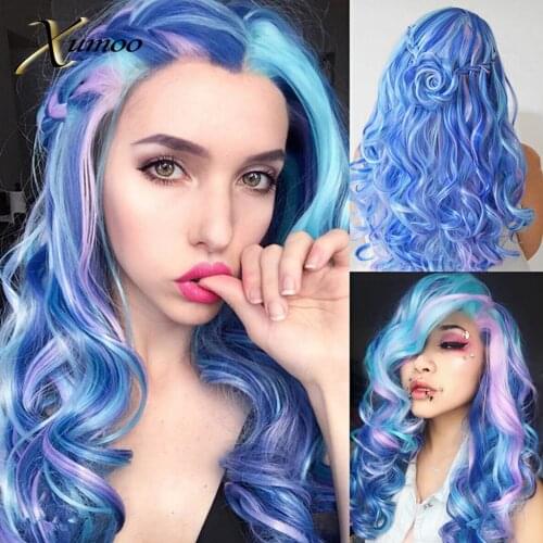 Xumoo Highlight Blue Purple Synthetic Wigs Glueless Rainbow Colorful Heat Resistant None Lace Wig For Cosplay Party Lolita Women