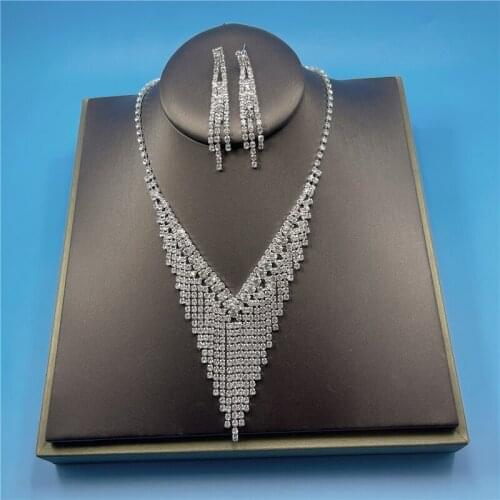 Shine Tassel Rhinestone Necklace Earrings For Women Long Tassel Jewelry Sets Bride Weddings Banquet Jewelry Gifts New Wholesale