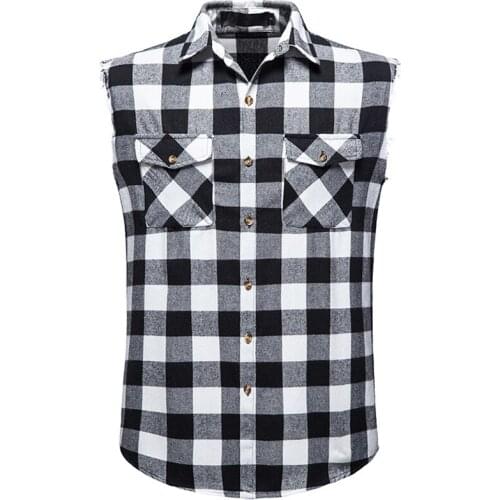 Black Plaid Shirts Men Summer Brand New Casual Sleeveless Mens Shirt Double Cowboy Pocket Camisas Breathable Oversize Vest