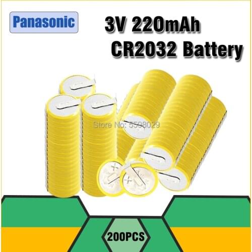 200pcs Panasonic CR2032 2 Solder Tabs Design Electronic Remote Control Button Coin Cells Battery For Motherboard Calculator