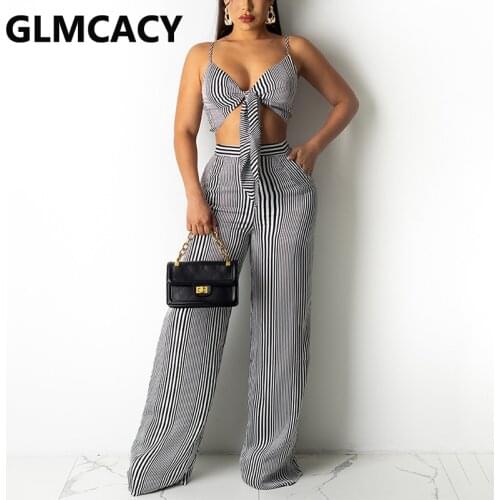 Spaghetti Strap V Neck Striped Jumpsuit Summer Tie Front Loose Overalls