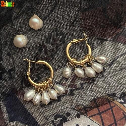 Kshmir 2021 New fashion natural fresh water pearl womens metal round earrings Gift of stylish fine jewelry for girls