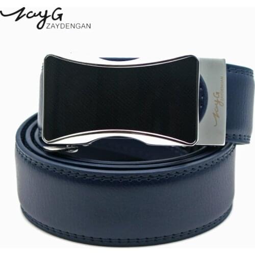 ZAYG Designer Alloy Automatic Buckle Cowhide Leather Men belt Fashion Luxury Blue Belts For Men High Quality Business Style Belt