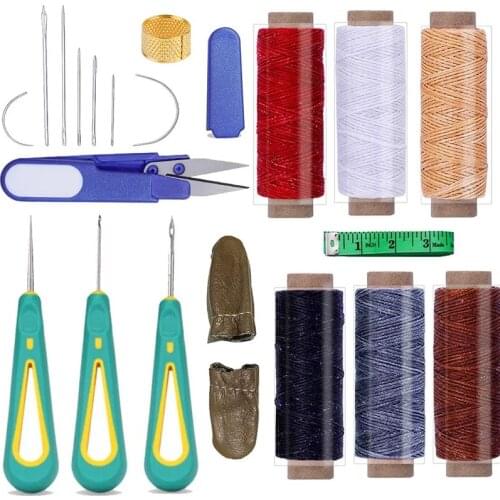 LMDZ 21 Pcs Leather Sewing Kit, Leather Stitching Tools with Leather Needles, 6 Colors Waxed Thread, Scissors, Awl for Repairing