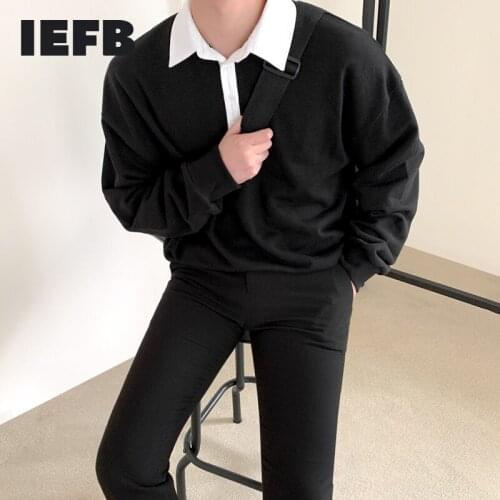 IEFB 2021 Autumn New Turn-down Collar Mens Sweatshirt Fashion Ins Trends Korean Style Long Sleeve Tops Versatile Loose T-shirt