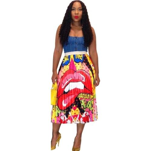 2020 Cartoon Lip Print Pleated Long Skirt Women Spring High Waist Midi Skirt Streetwear Elastic A-Line Maxi Skirt Jupe Femme