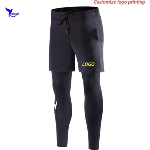 Custom LOGO 2 In 1 Compression Running Pants Men Sweatpants Leggings Quick Dry Gym Fitness Tights with Pocket Plus Size 4XL-7XL