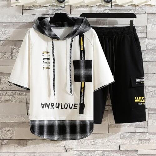 Casual Summer 2 PCS Teen Boys Hooded Short Sleeve T-shirt & Knee-Length Pants Sets Cotton Top Tees And Shorts Daily Streetwear