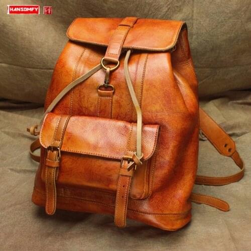 Vintage Cowhide Leather Mens Backpack Laptop Bag Large-capacity Men Drawstring Travel Backpacks School Bags Simple New