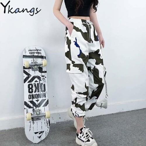 Plus Size White High Waist Pocket Camouflage Joggers Women Sweatpants Harem Camo Pants Drawstring Loose Calca Female Cargo Pants