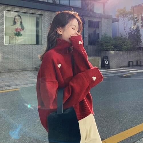 Loose Turtleneck Knit Sweater Women Autumn Winter Thick Pullover Womens Sweater Fashion Heart Pattern Long Sleeve Female Jumper
