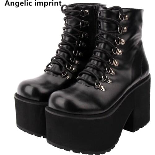 Angelic imprint handmade Women fashion motorcycle punk boots lady short Boots woman high trifle heels pumps shoes lace up 33-47
