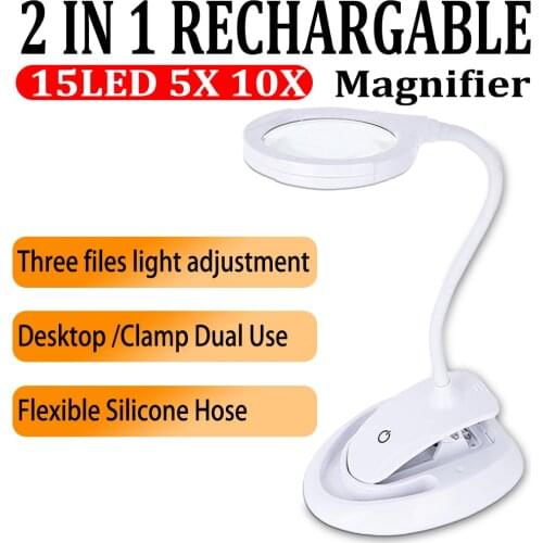 Illuminated Magnifier Lamp LED Foldable Handheld Magnifier 5-10X Reading Magnifying Glass Lens Loupe With 15 LED Lights