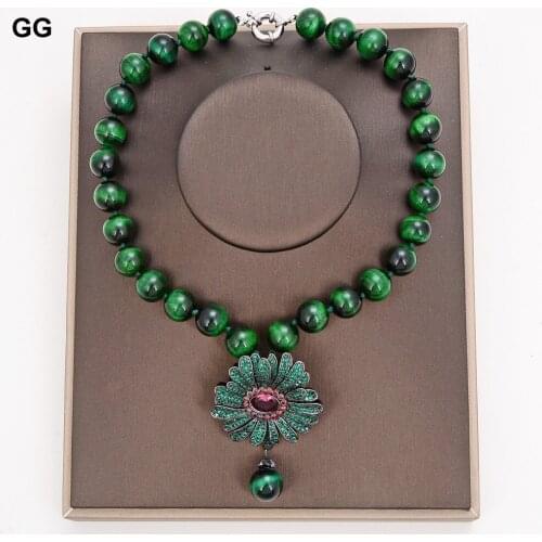 GuaiGuai Jewelry 18" Round Green Tiger Eye Necklace CZ Pave Flower Pendant