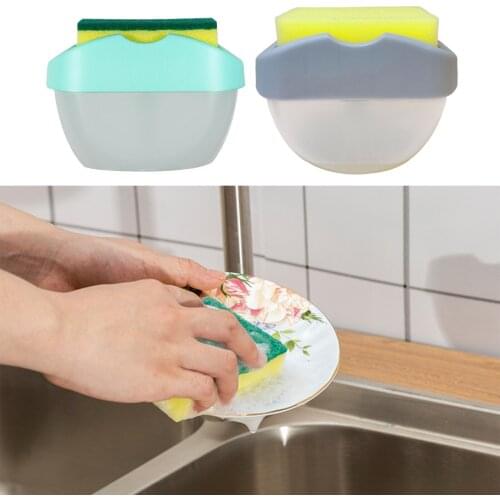 1PC 2-in-1 Manual Press Liquid Soap Dispenser with Sponge Holder Cleaning Liquid Dispenser Container Soap Kitchen Cleaner Tool