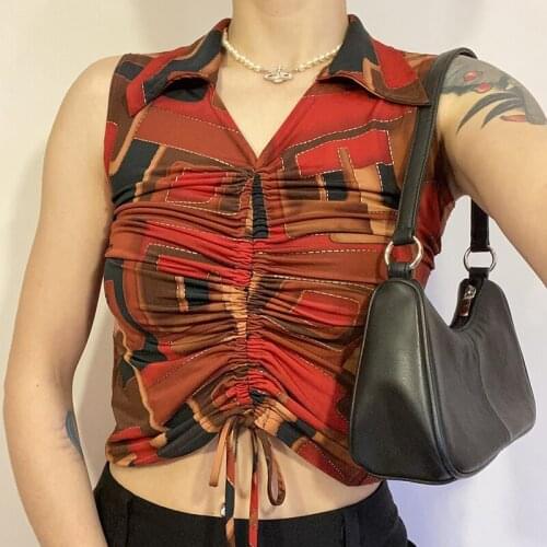 90s Vintage Printed T-shirt Ruched Drawstring Y2K Crop Top Turn Down Collar Sleeveless Corset Tops Women Summer Tshirt 2021
