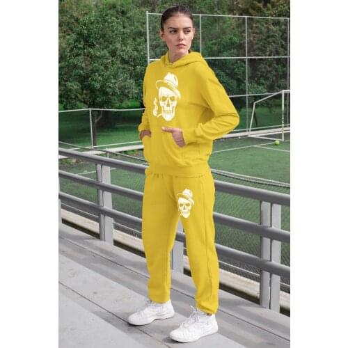Angemiel Wear Pippolu Hat Skeleton Man Women Tracksuit Set Yellow Hooded Sweatshirt Yellow Sweatpants