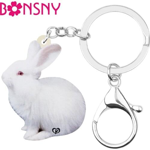 Bonsny Acrylic White Easter Hare Rabbit Bunny Keychains Pet Animal Keyring Jewelry For Women Teen Classic Handbag Car Decoration
