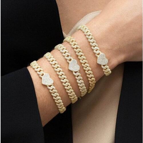 Iced Out Bling 5A CZ Heart Charm Bracelet 7mm Gold Color 2 Row CZ Cuban Link Chain Fashion Women Mne Hearts Bracelets Gift