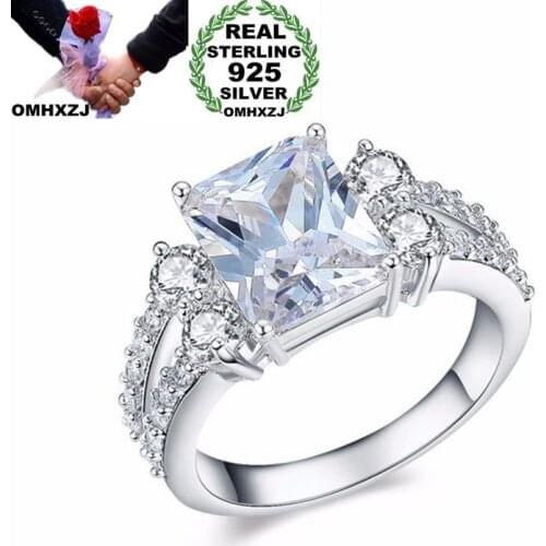 OMHXZJ Wholesale European Fashion Woman Man Party Wedding Gift Silver White Rectangle AAA Zircon 925 Sterling Silver Ring RR199