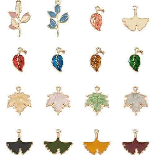 50pcs/set Alloy Leaf Pendants with Enamel Mixed Color Golden Plated Hole: 1.5mm Charms for Necklace Earring Jewelry Making