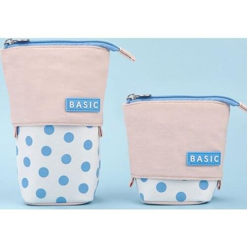 Cute Collapsible Pencil Pen Pouch Dot Print Lightweight Large Capacity Stationary Cosmetics Bags for Students Girls EM88