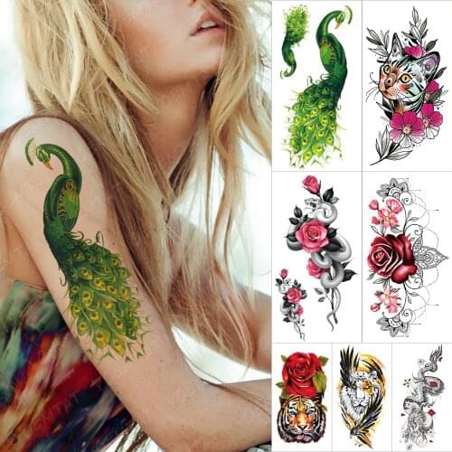 Actuality Waterproof Temporary Sleeve Arm tatooo Sticker Green Peacock Feather Wing Rose tattoo Body Art Fake tatoo Male Women