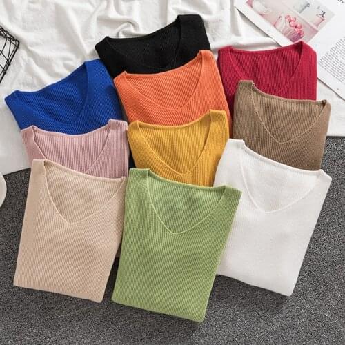 Autumn/winter 2021 V-neck Pullover Slim Long-sleeve Sweater Women Korean Knit Bottoming Shirt Woman Fashion Solid Tops 16037