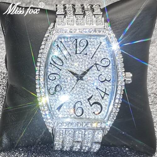 Luxury MISSFOX Punk Style Mens Watches Silver Diamond Quartz Wristwatch Hip Hop Iced Out Jewelry Clocks AAA Relógio masculino