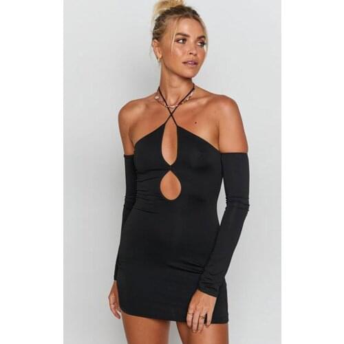Black Criss Cross Halter Backless Sexy Skinny Dress Women Off Shoulder Long Sleeve Sheath Dress Elegant Hollow Front Vestidos