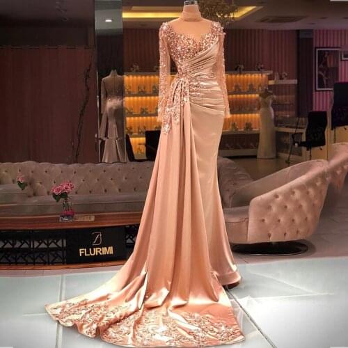 Long Sleeve Evening Dresses High Neck Beaded Sequins Mermaid Prom Dress Party Custom Made Vestidos De Fiesta