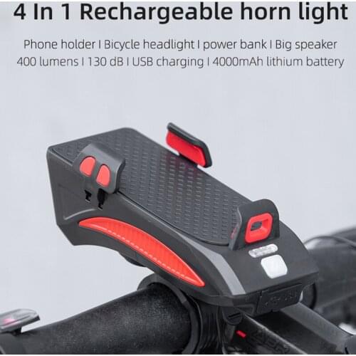 ROCKBROS USB Recharge Bicycle Lights 4 In 1 Front Light 4000mAh 400 Lumen Electric Horn Strong Light Flashlight Bike Accessories